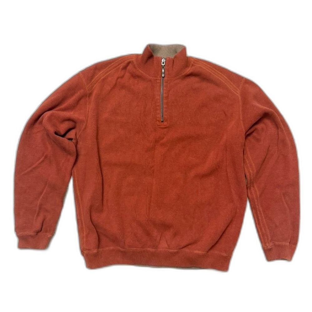 Tommy Bahama Mens Sz L Pullover Sweater Reversible Orange High Neck 3/4 zip